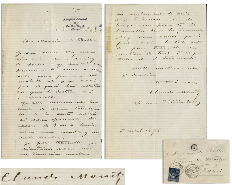 Claude Monet Autograph Letter Signed to His Patron, Georges de Bellio -- ''...my wife is sick and I didn't have the means to buy what the doctor prescribed her. I am truly ashamed to bother you...''